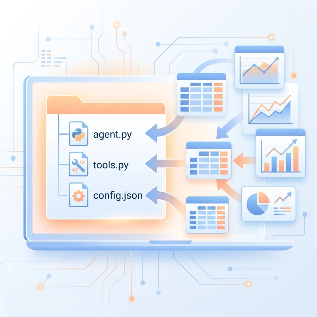 Flat vector schema of the Data Insights Agent setup displaying files and data library connections