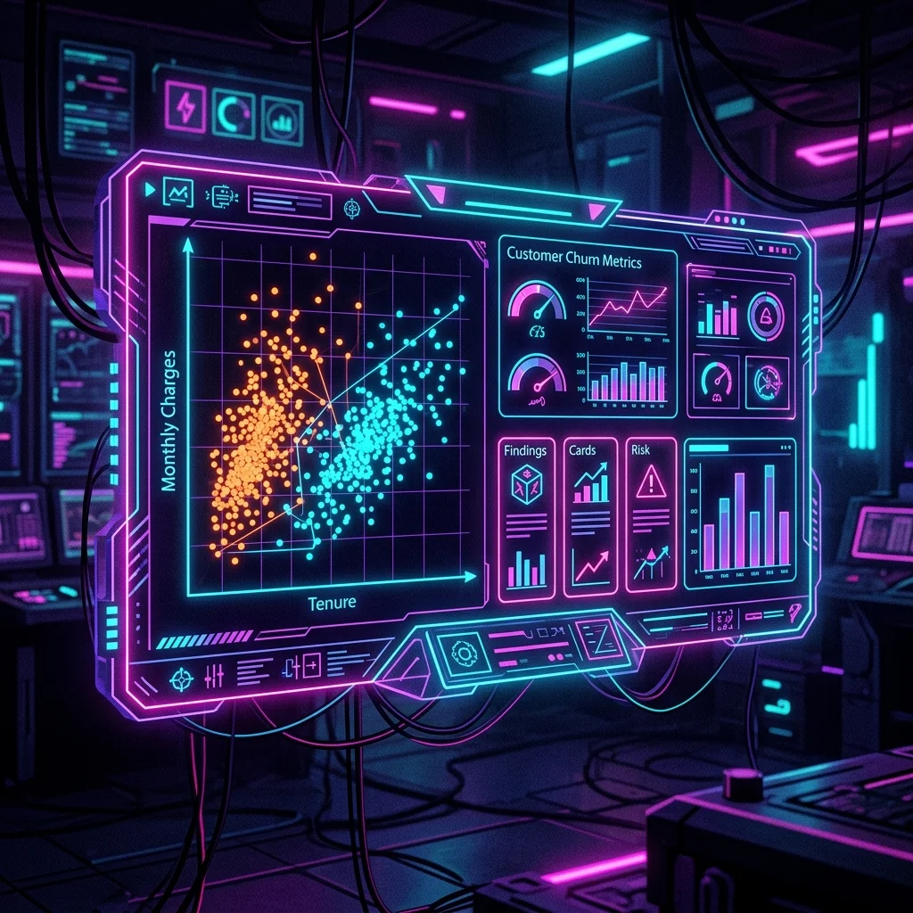 Cyberpunk style dashboard showing data insights analysis metrics and correlation scatter plot