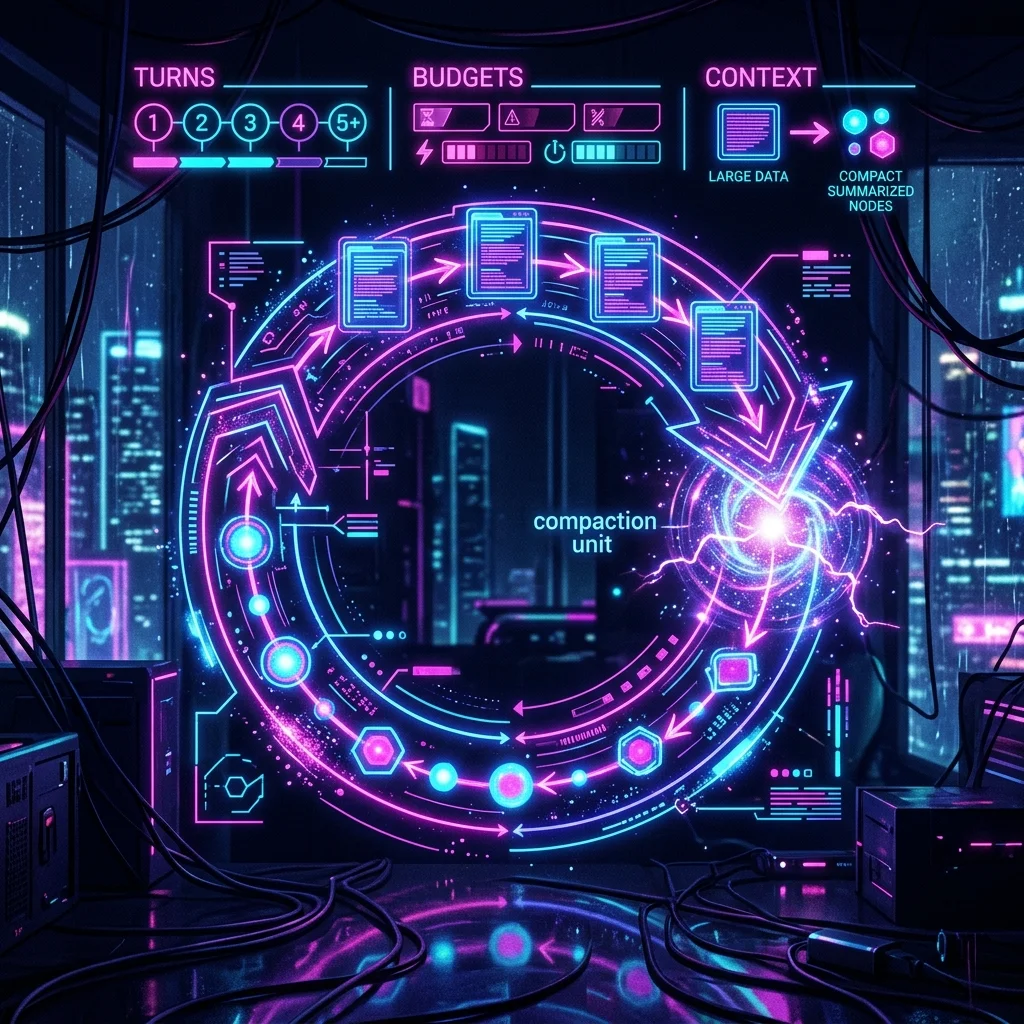 Cyberpunk style optimized agent loop dashboard tracking turns and budgets