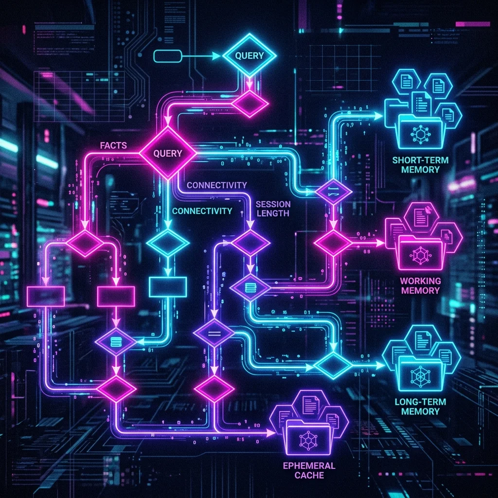 Cyberpunk holographic flowchart routing agent memory requirements based on facts and session length