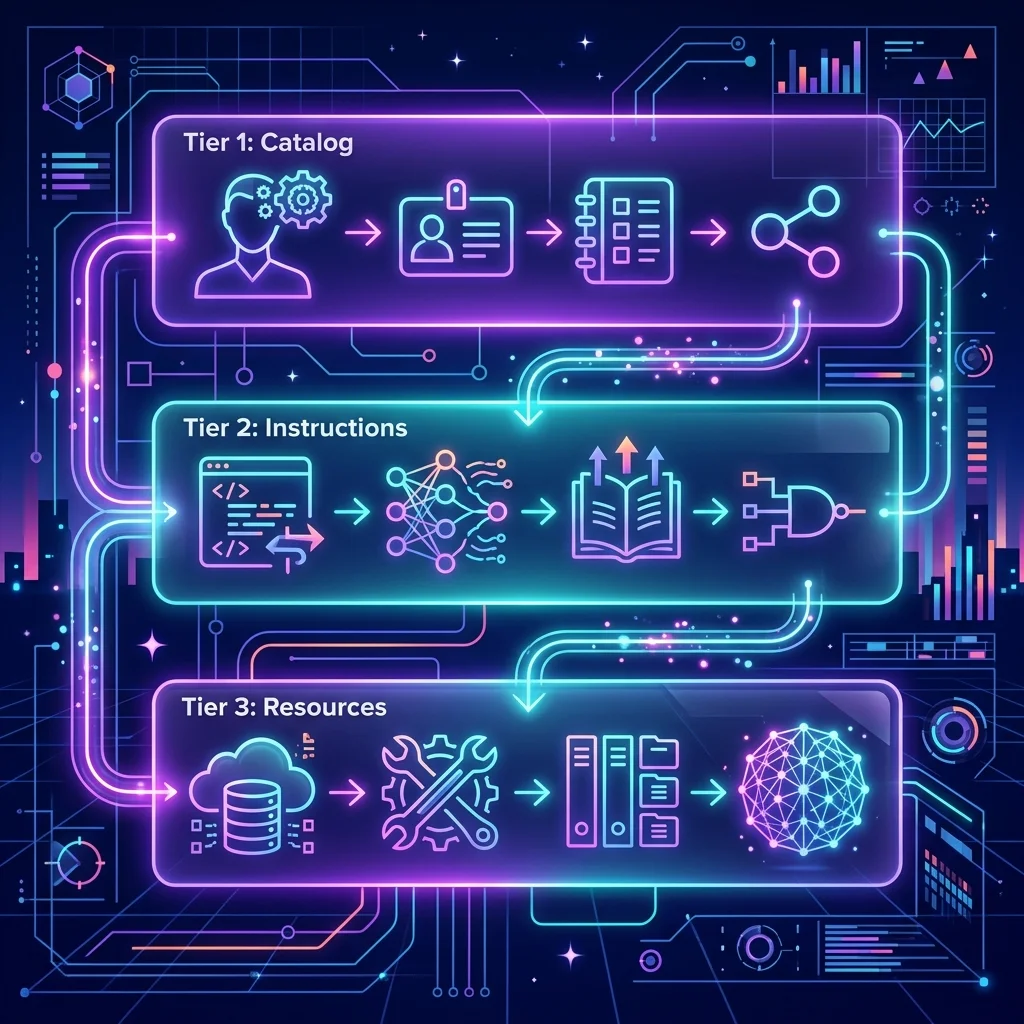 Cyberpunk synthwave timeline mapping the three tiers of progressive skill loading and token costs