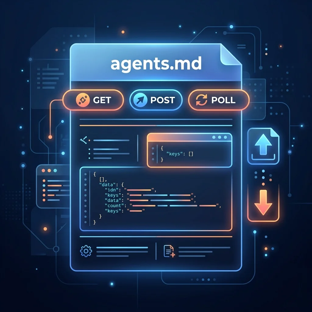 Flat vector schema of the agents.md protocol showing GET POST and POLL method endpoints