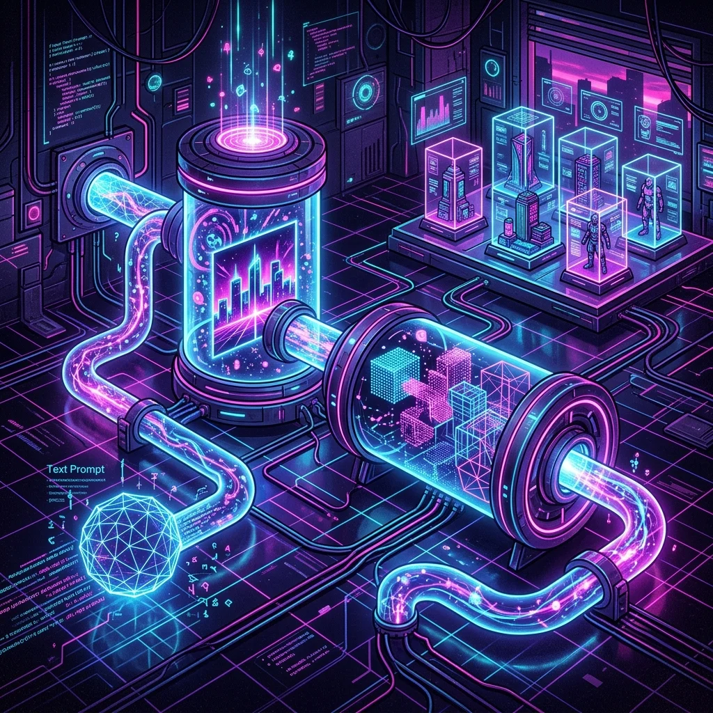 Cyberpunk synthwave style multi-step agent chaining pipeline diagram showing Eiffel Tower 2D generation to 3D reconstruction