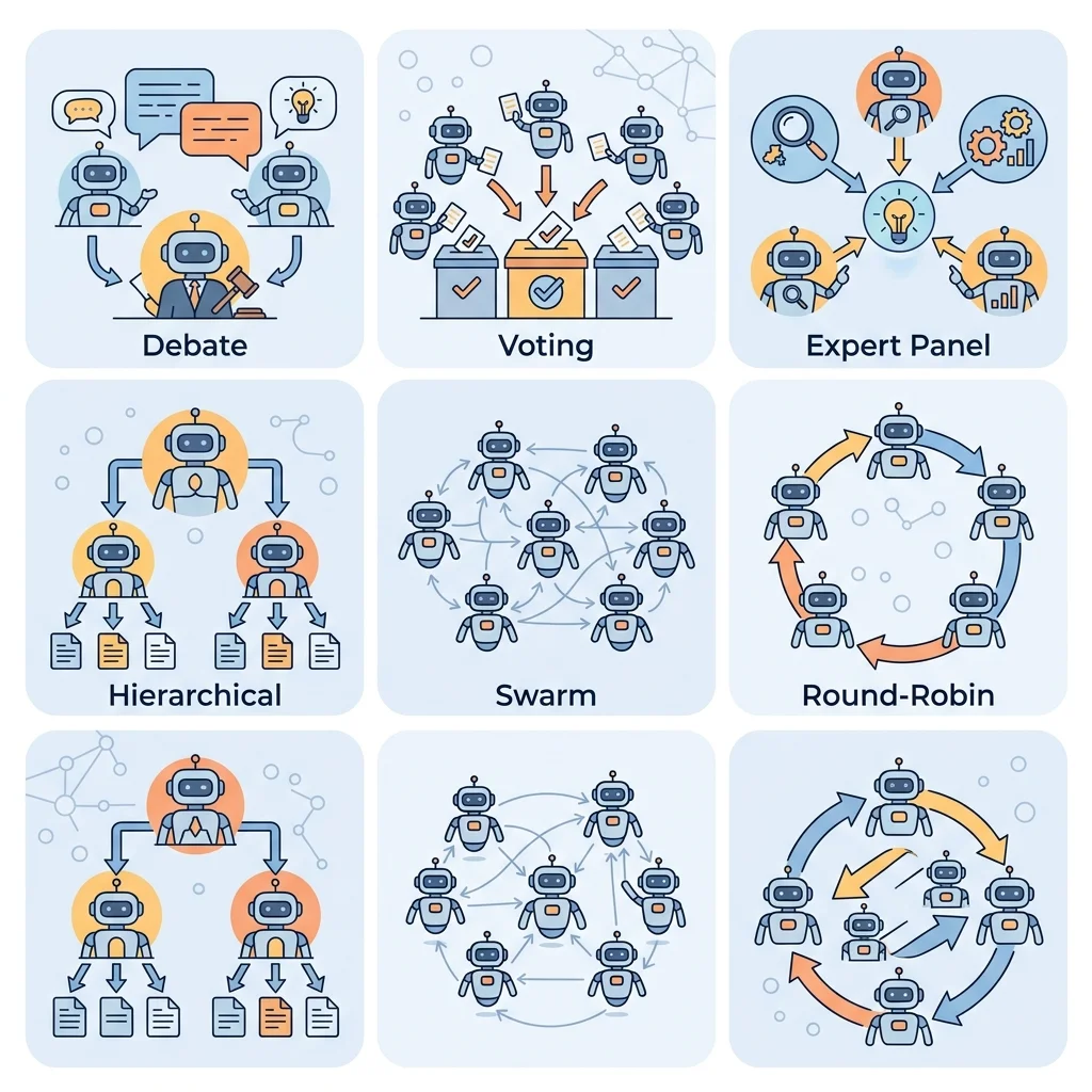Comparison grid of six multi-agent collaboration topologies debate voting expert panel hierarchical swarm and round-robin