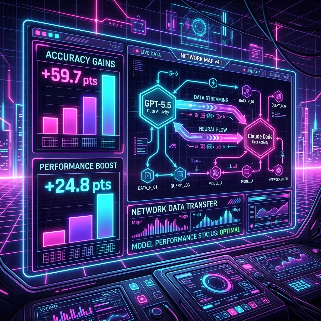 Cyberpunk style synthwave dashboard showing SkillOpt transferability metrics and accuracy gains between GPT-5.5 and Claude Code
