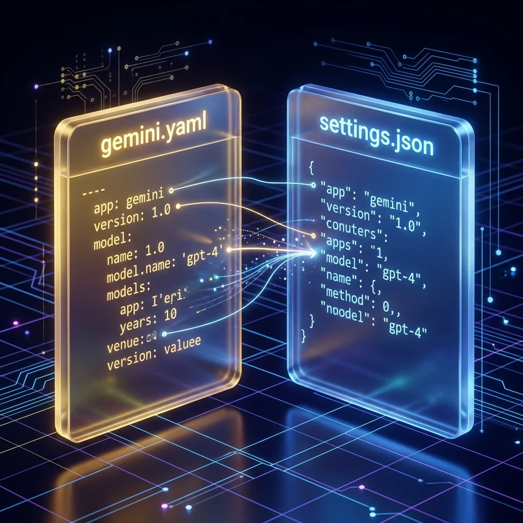3D glassmorphism panels depicting migration mapping from gemini.yaml to settings.json