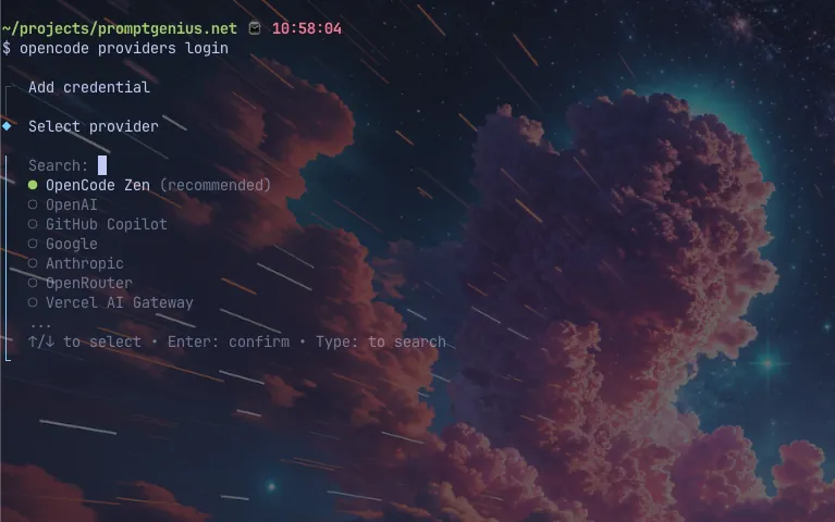 OpenCode /connect provider selection screen showing available providers like OpenAI, GitHub Copilot, Anthropic, and OpenCode Zen