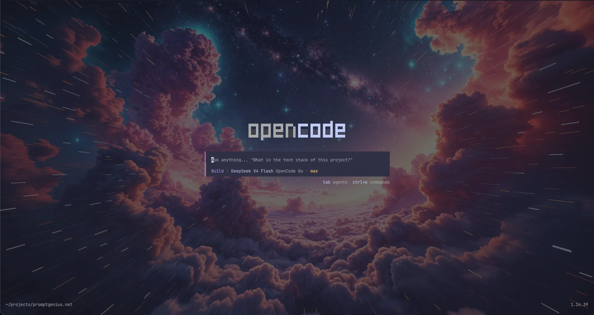 OpenCode terminal user interface showing the prompt, model selector, and conversation panel