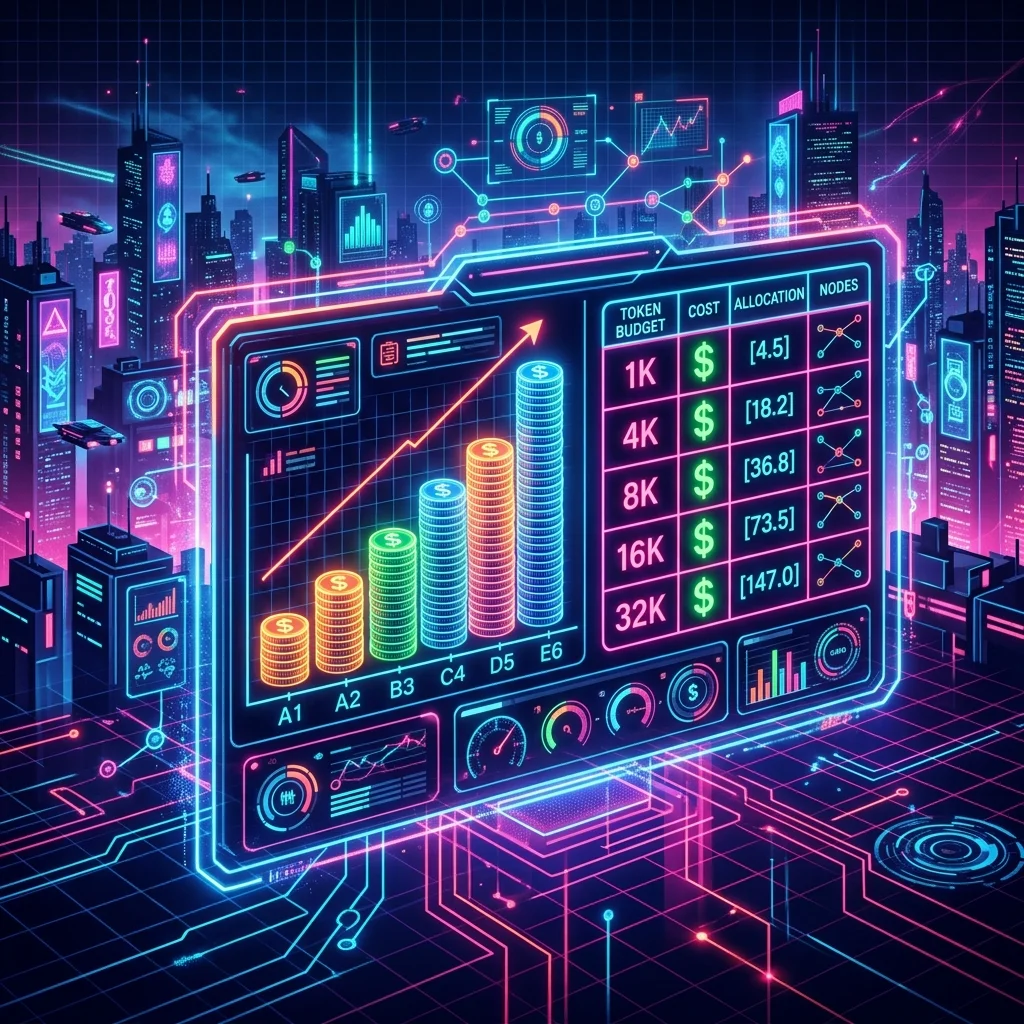 Holographic ledger displaying cost estimation dashboard with token budget pricing tiers