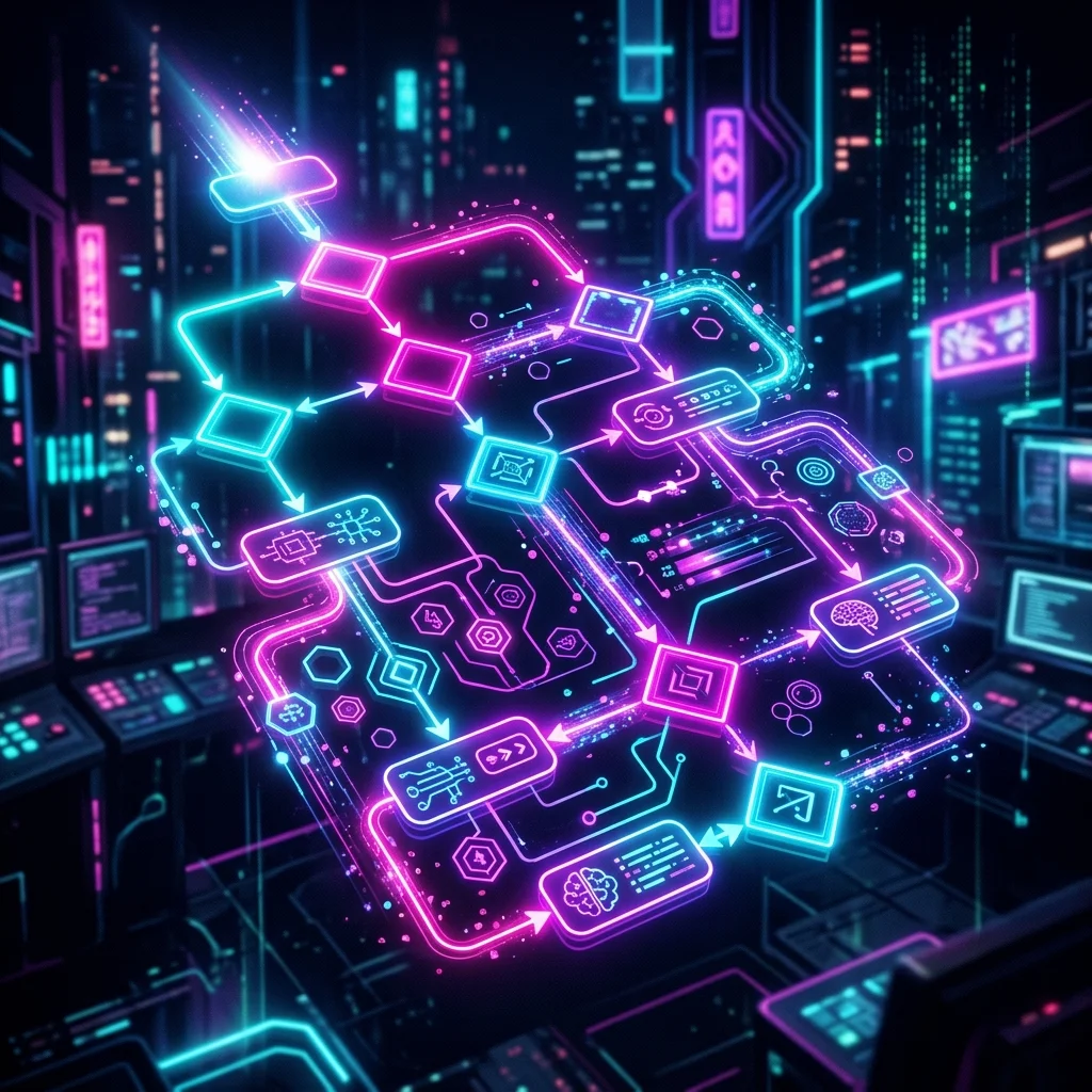 Cyberpunk holographic flowchart routing queries based on complexity