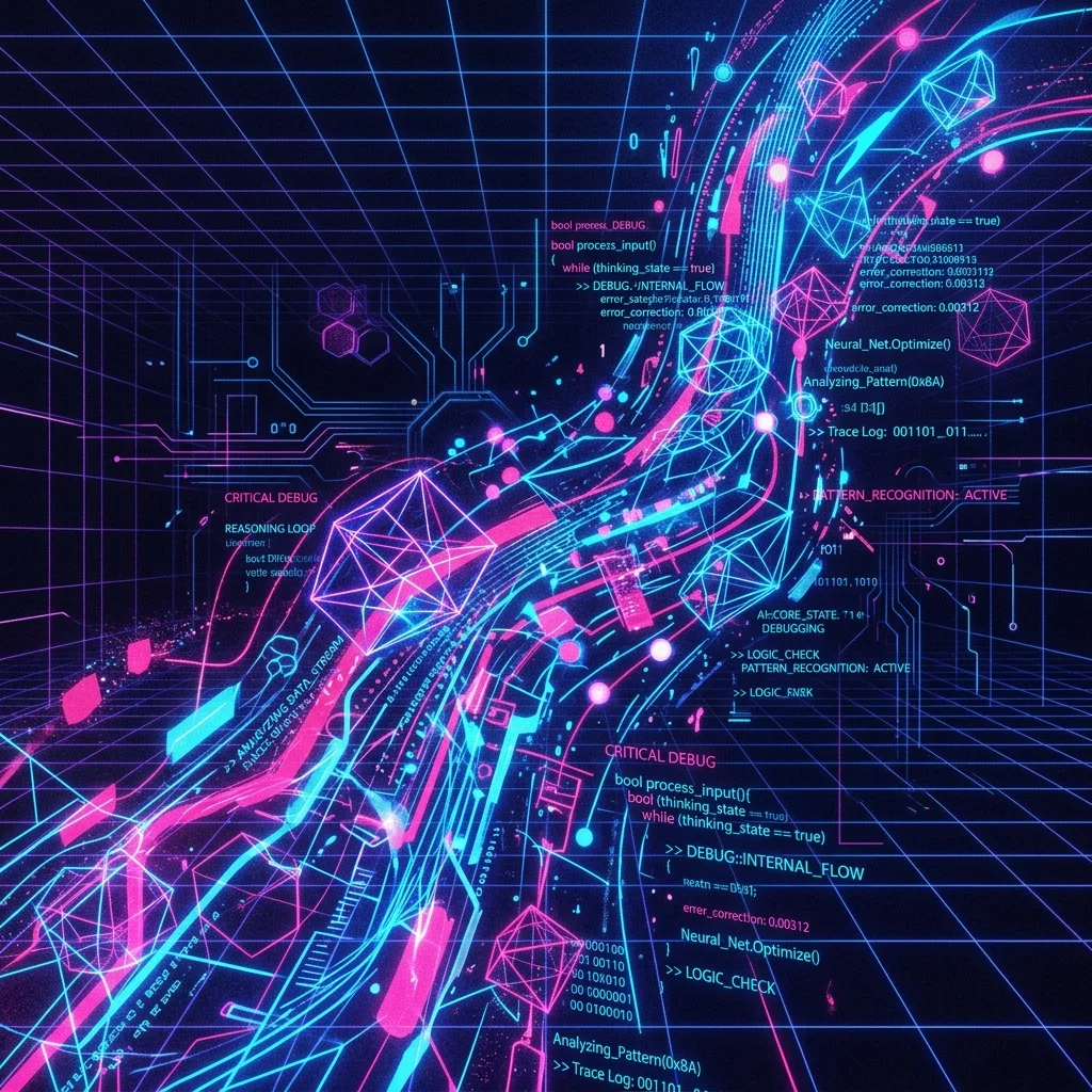 AI internal thinking stream with glowing wireframes and cascading log code