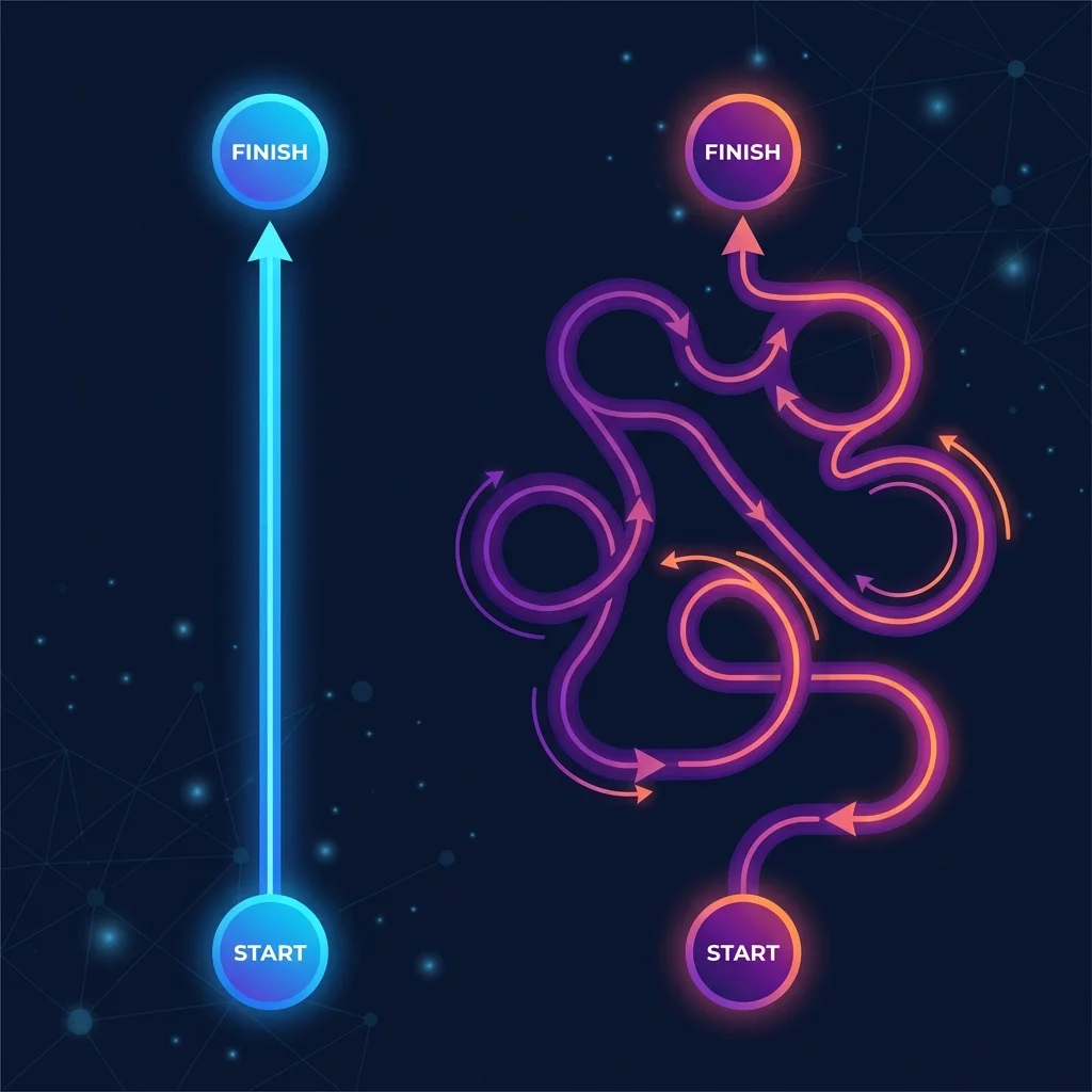 Reasoning decision paths comparing direct arrows to winding, looping self-correction paths