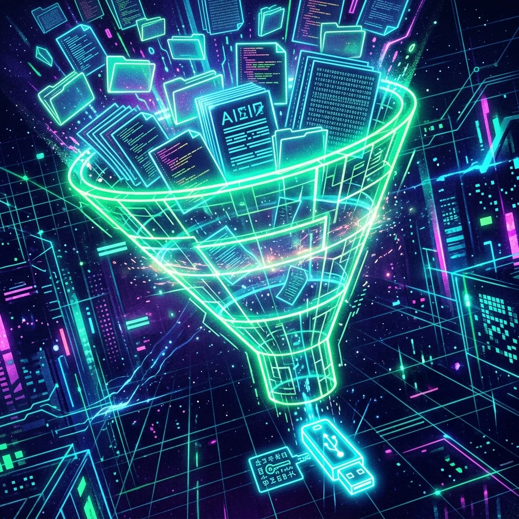 Cyberpunk filtering funnel sifting multiple files into refined USB key data output