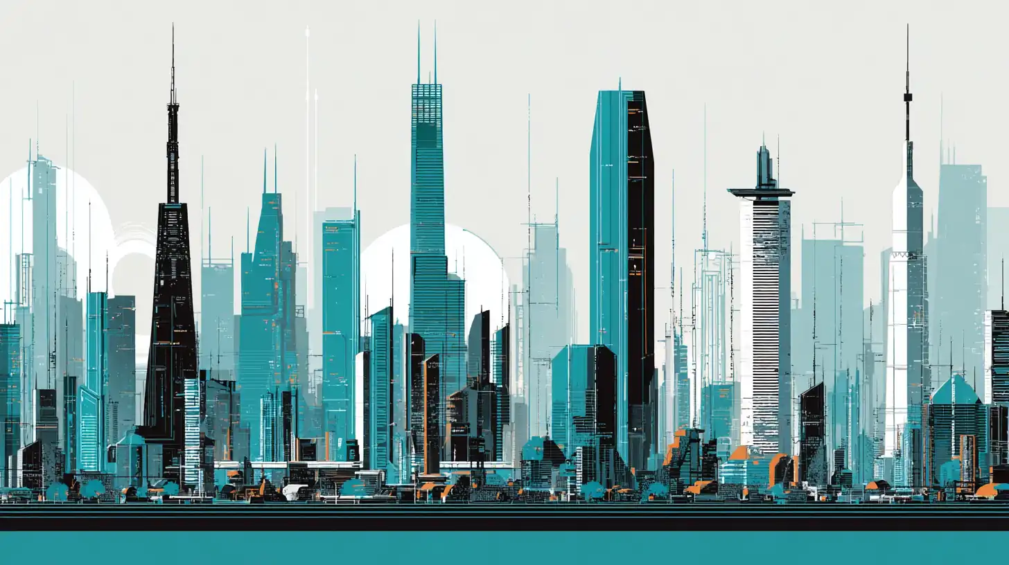Minimalist vector illustration of a futuristic city with geometric shapes
