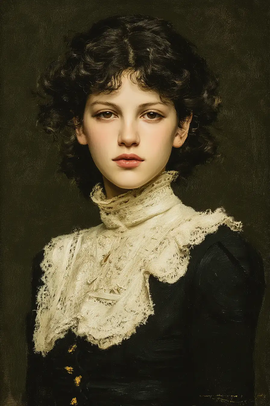 Classical oil portrait of a woman in Victorian dress