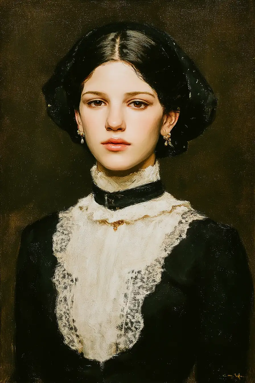 Oil portrait with chiaroscuro lighting and detailed fabric textures in Sargent style