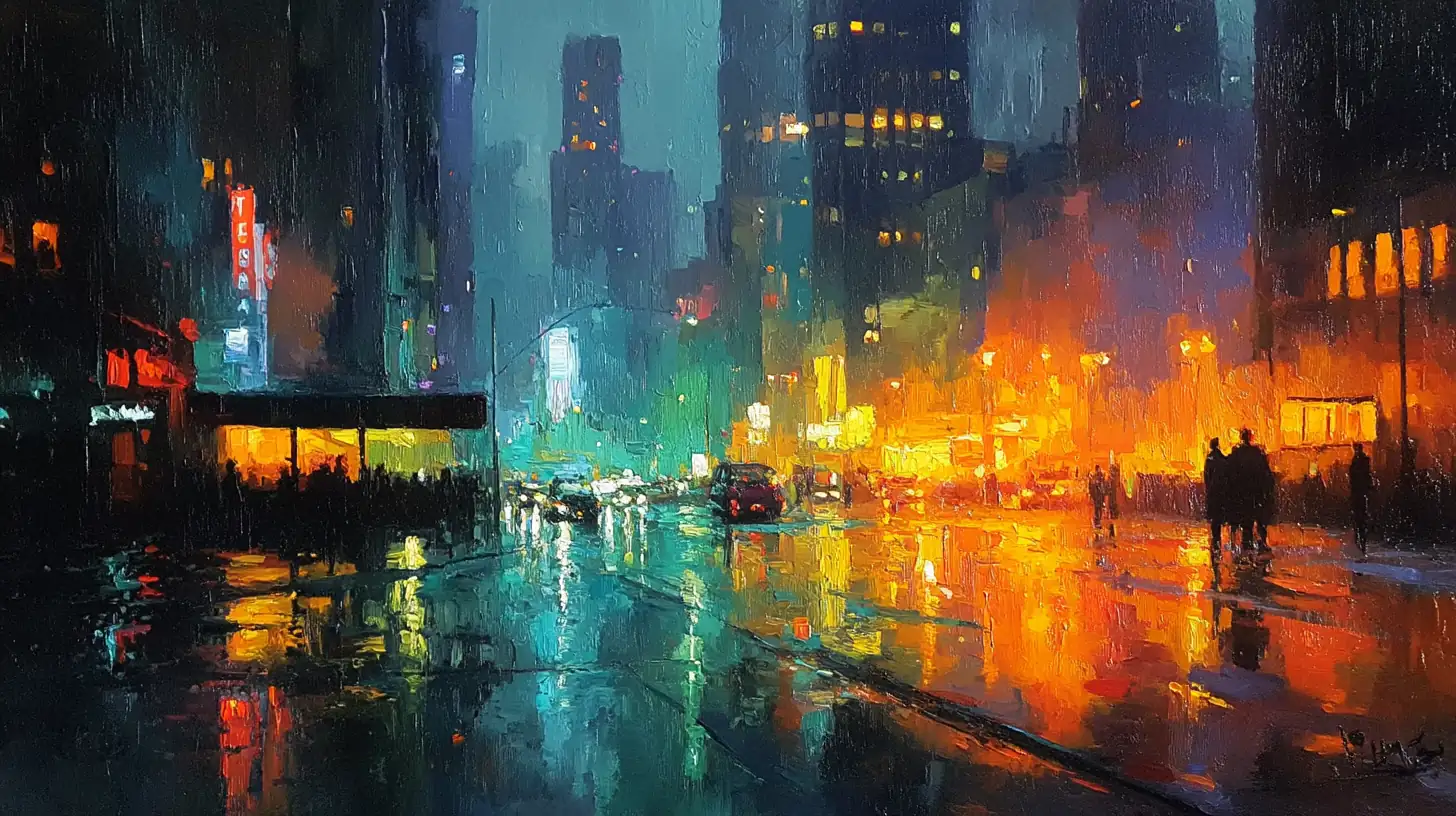 Cyberpunk oil painting with neon lights and impasto texture on wet pavement