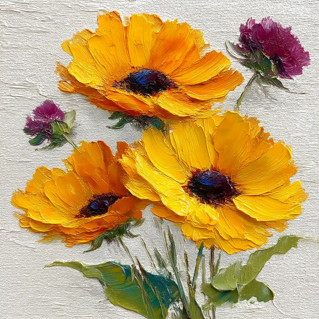 Close up impasto oil painting of flowers with thick paint texture