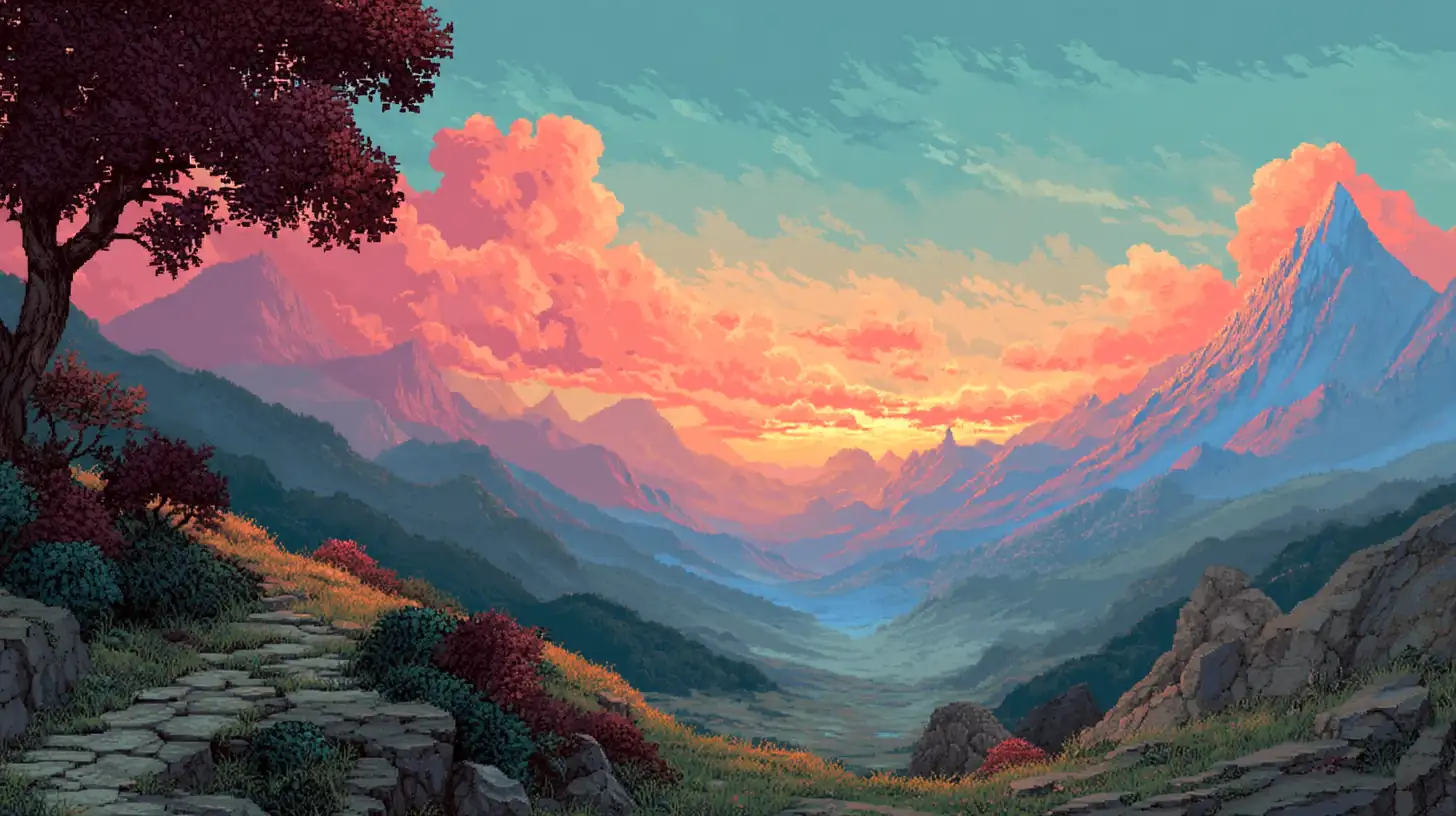 16-bit pixel art landscape with mountains and sunset