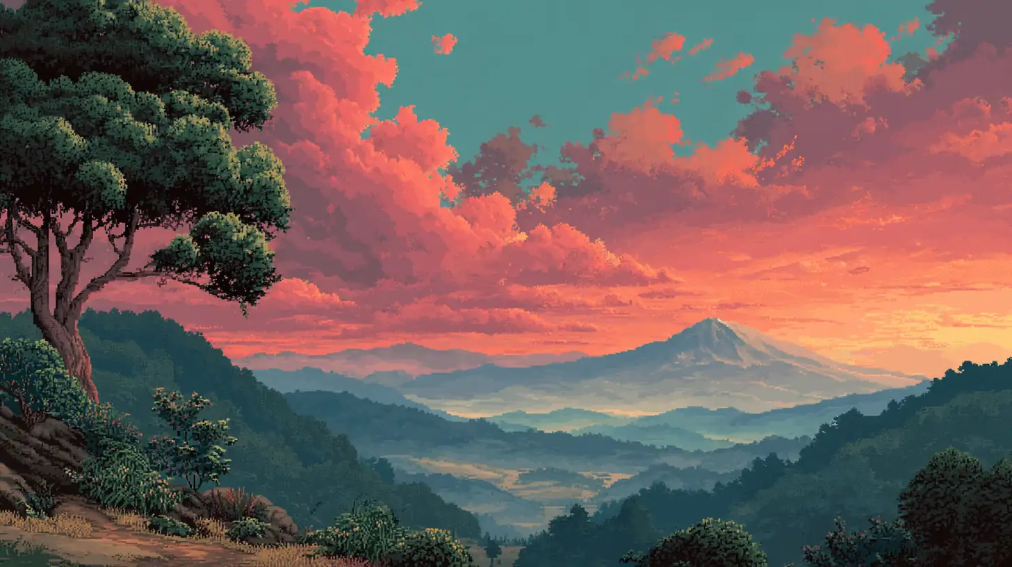 SNES-style pixel art scene with layered parallax background and rich colors