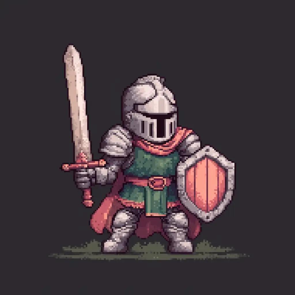 Retro 8-bit pixel art warrior with limited color palette and clear silhouette