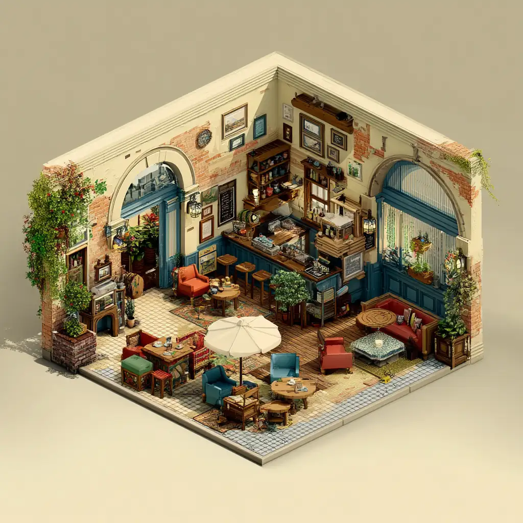 Detailed isometric pixel art room with furniture and decorations