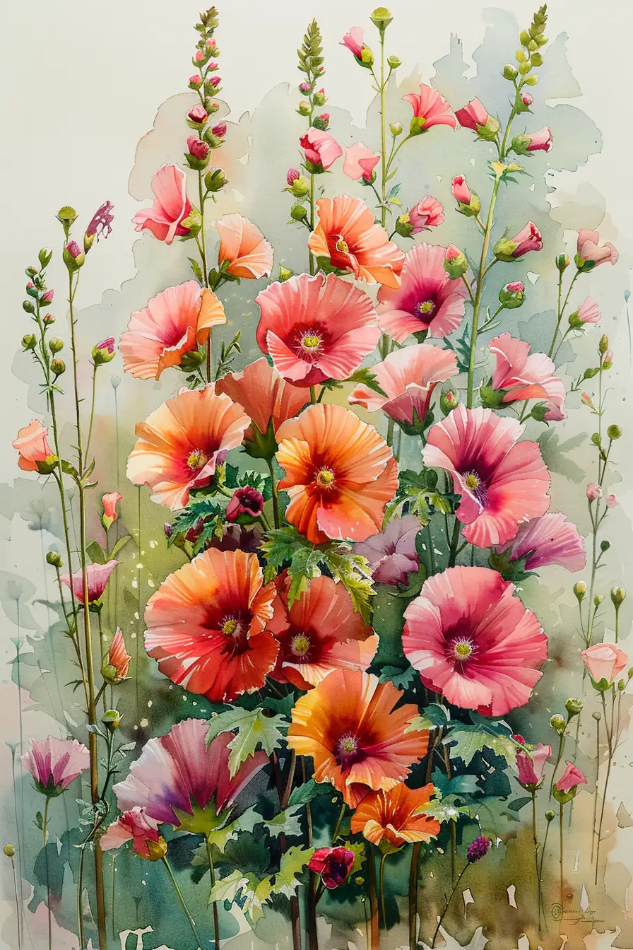 Detailed botanical watercolor illustration of flowers with precise detail