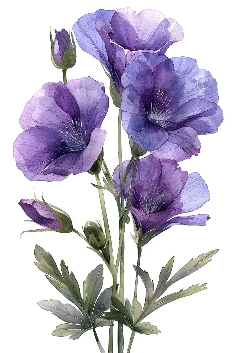 Botanical watercolor flower study with fine brushwork and vibrant color palette