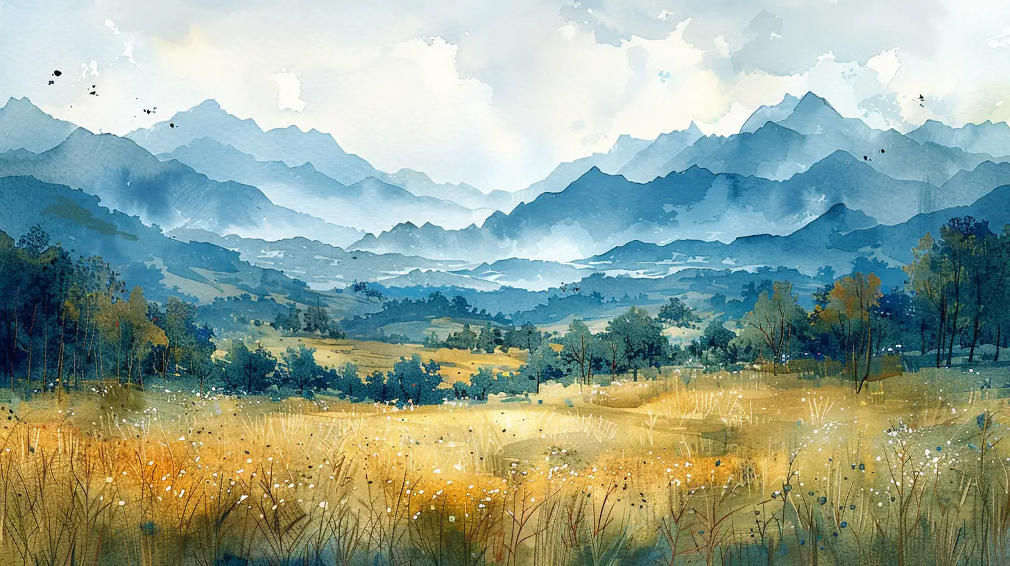 Traditional watercolor landscape with rolling hills and soft washes