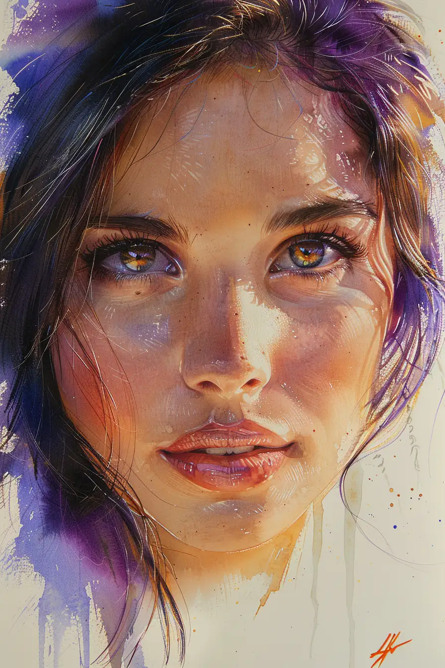 Watercolor portrait study with loose brushwork and luminous skin rendering