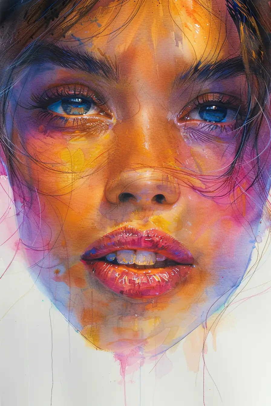 Contemporary watercolor portrait with cool blue shadows and warm highlights