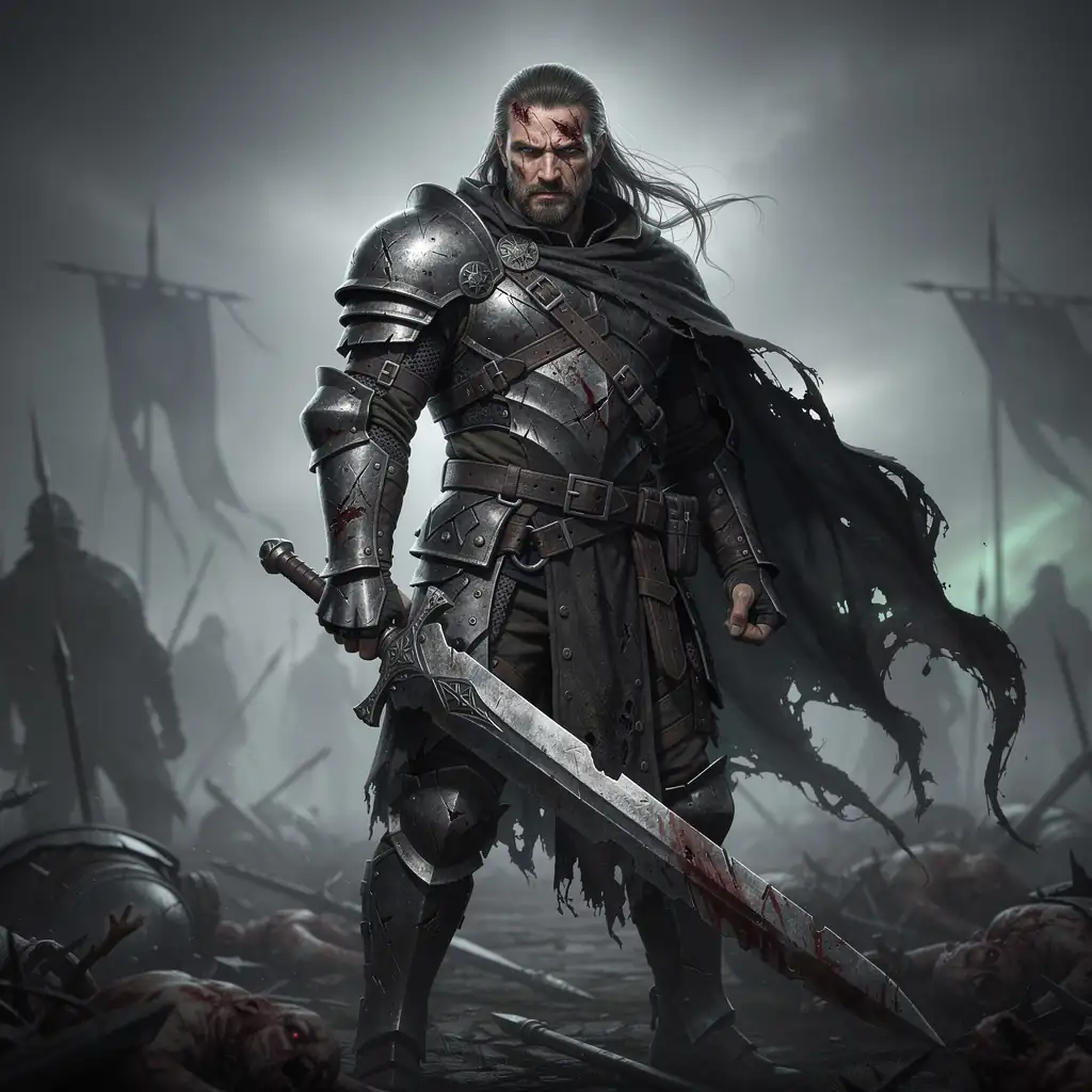 Dark fantasy warrior with tattered cloak and misty battlefield
