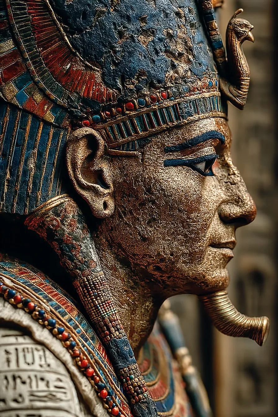 Ancient Egyptian pharaoh with traditional regalia and hieroglyphic background