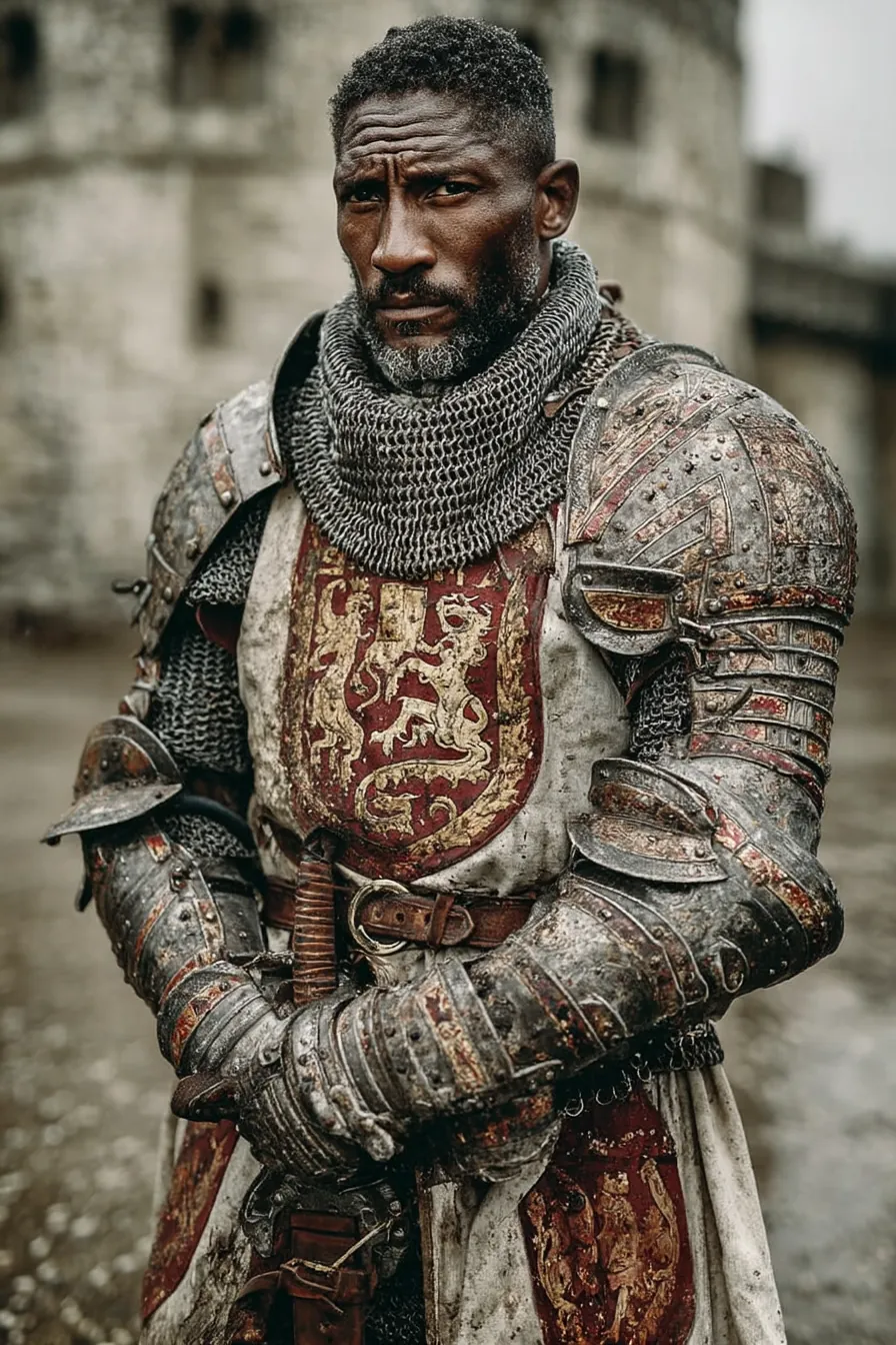 Medieval knight in chain mail with heraldic surcoat and battle-worn features