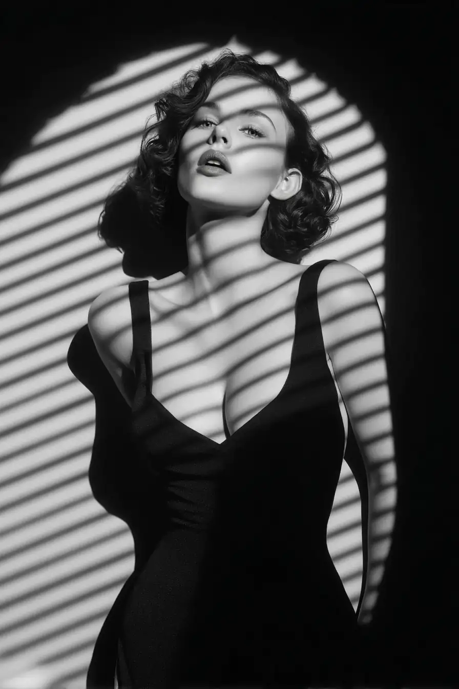 Film noir portrait of sultry female with dramatic shadows and venetian blind lighting effect