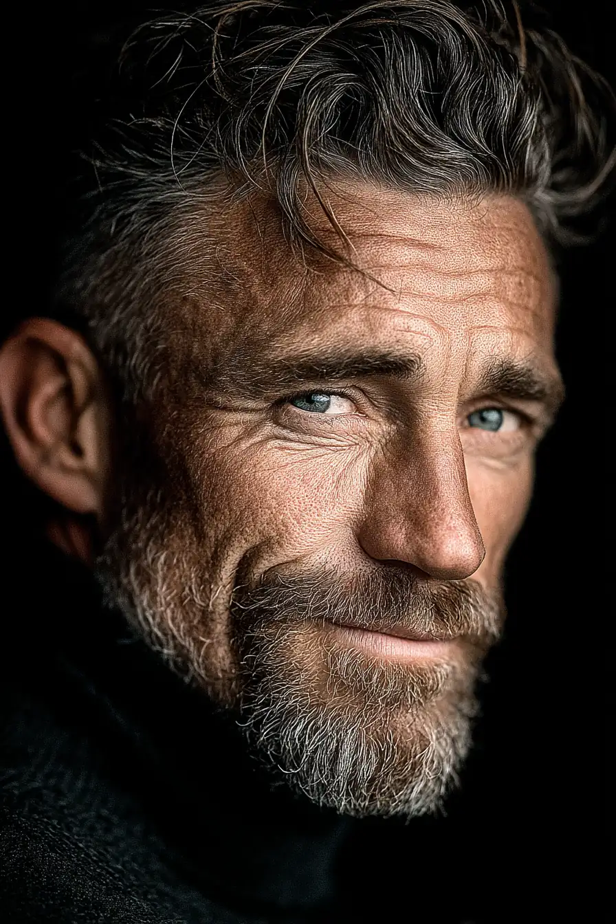 Middle-aged male portrait with strong jawline and deep-set blue eyes, confident expression, dramatic side lighting in oil painting style