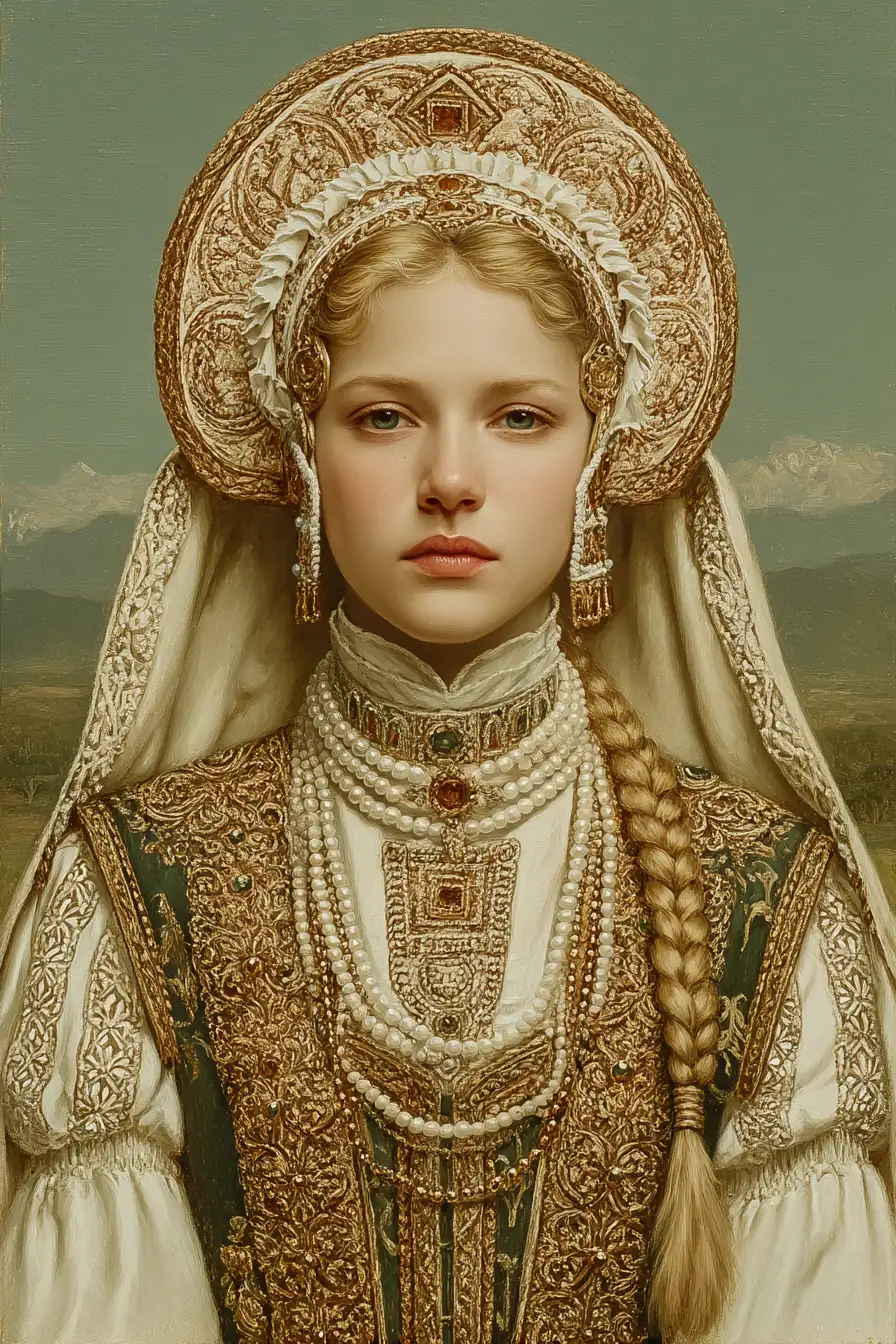 Renaissance portrait in classical style with ornate background and detailed clothing