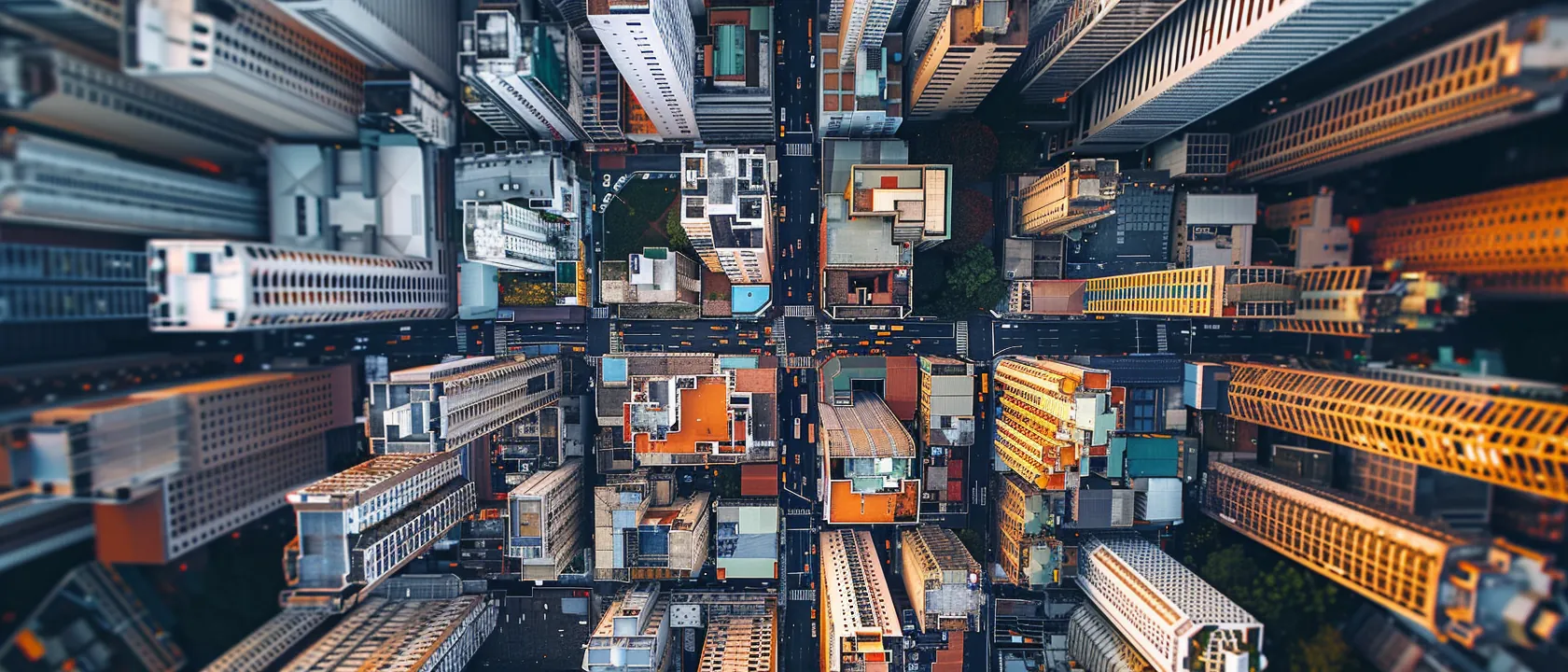 Aerial cityscape showing urban grid pattern from rooftop perspective with building roofs creating geometric mosaic with street grid visible between structures