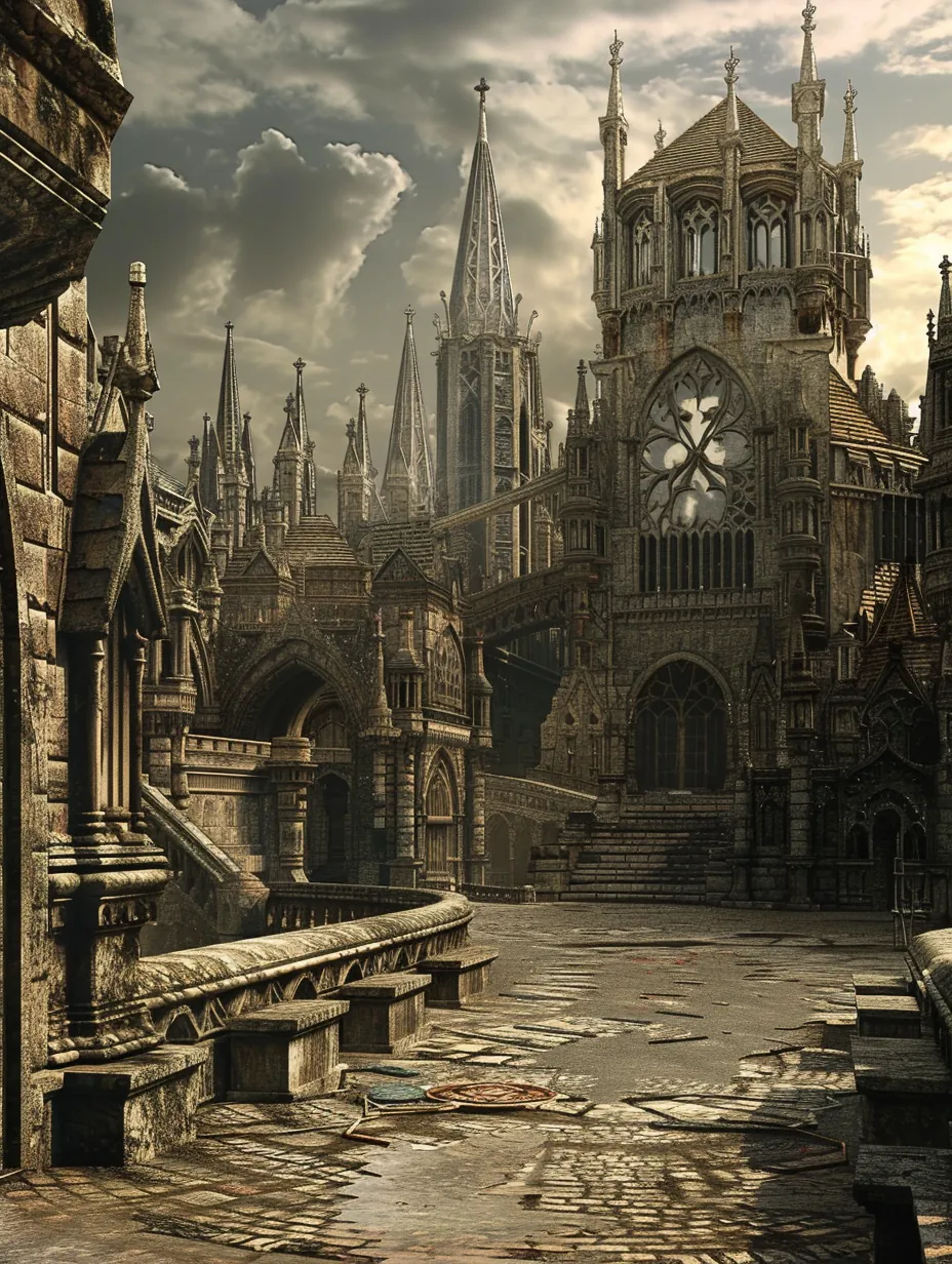 Gothic Revival cathedral district with pointed arches and flying buttresses with ornate stone tracery and tall spires piercing the sky with intricate carved details