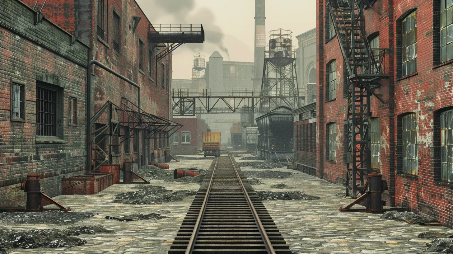 Industrial cityscape with exposed steel structures and red brick warehouses with large factory windows and water towers with utilitarian design celebrating functional architecture