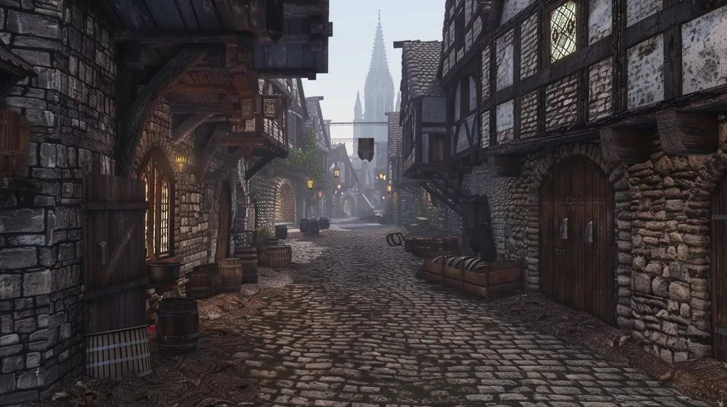 Medieval European city street at dawn with stone buildings and timber-framed architecture with cobblestone streets and morning mist settling between structures