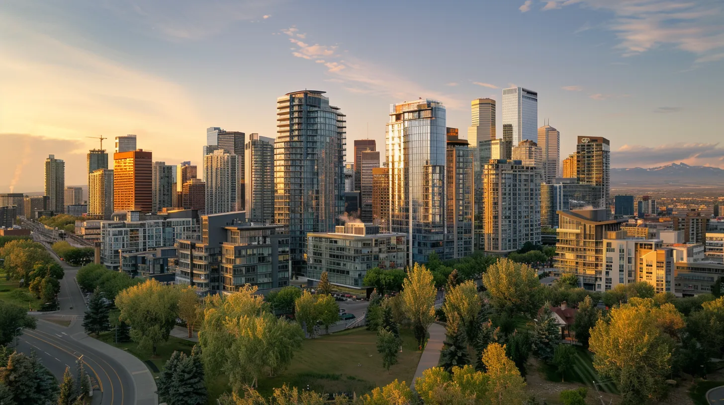 Contemporary downtown cityscape at golden hour with glass skyscrapers and busy streets with warm sunset light reflecting off building facades