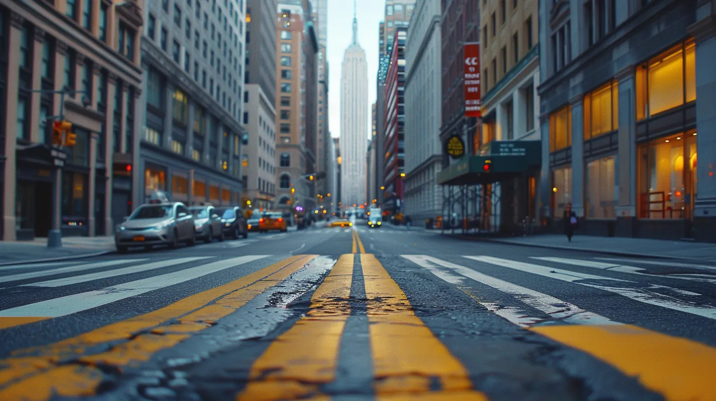 Street-level cityscape with strong leading lines from sidewalk and building facades and street converging toward vanishing point creating dramatic one-point perspective composition