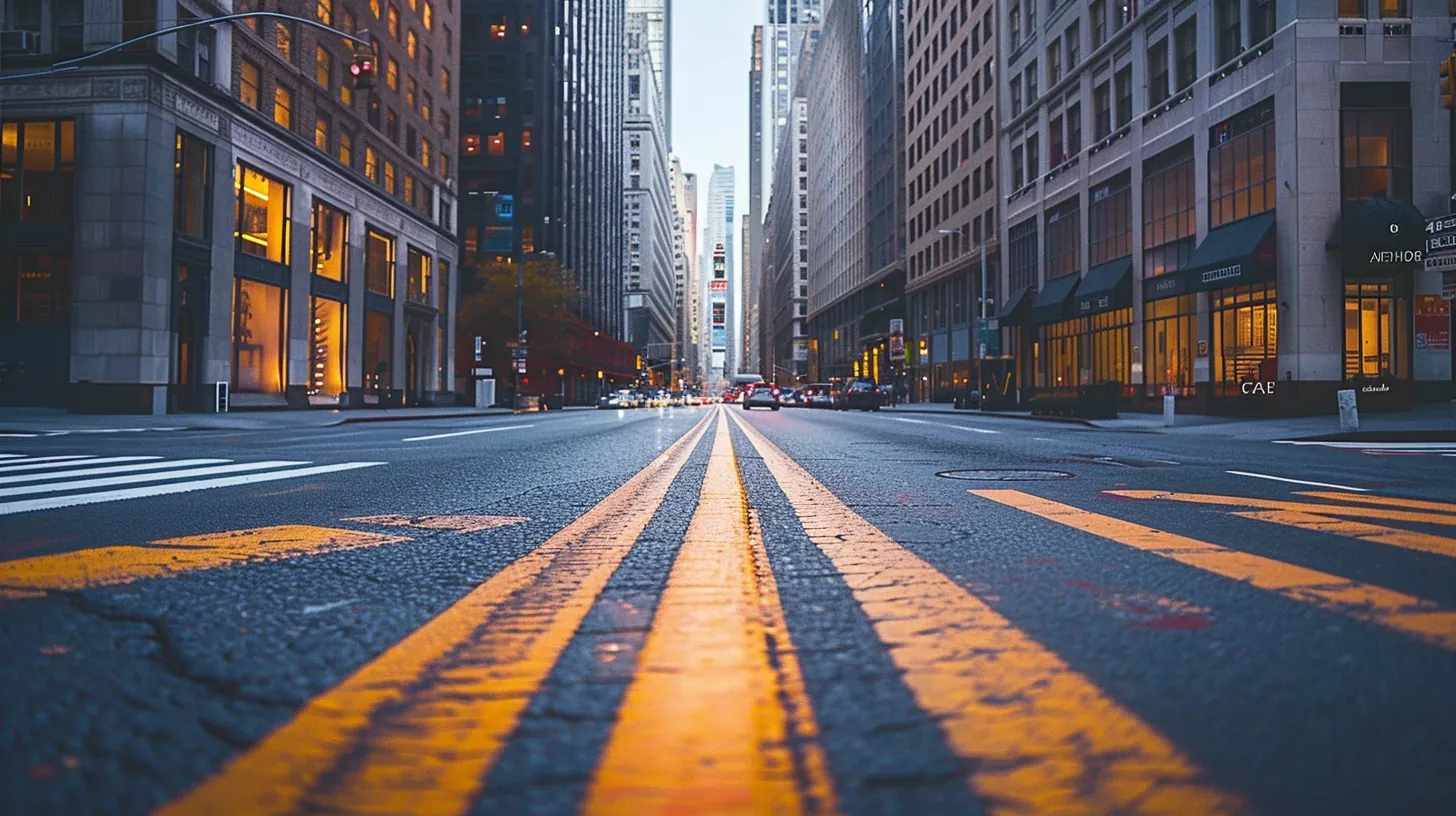 Urban canyon with converging architecture creating depth