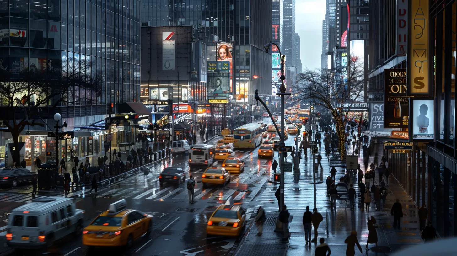Cityscape with people and vehicles and street furniture providing scale reference against towering architecture showing relationship between human scale and monumental buildings