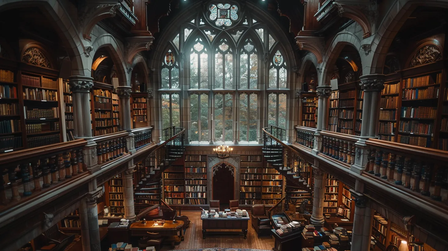 Gothic library with soaring stone arches, mahogany shelves, ornate chandelier, and warm candlelit ambiance