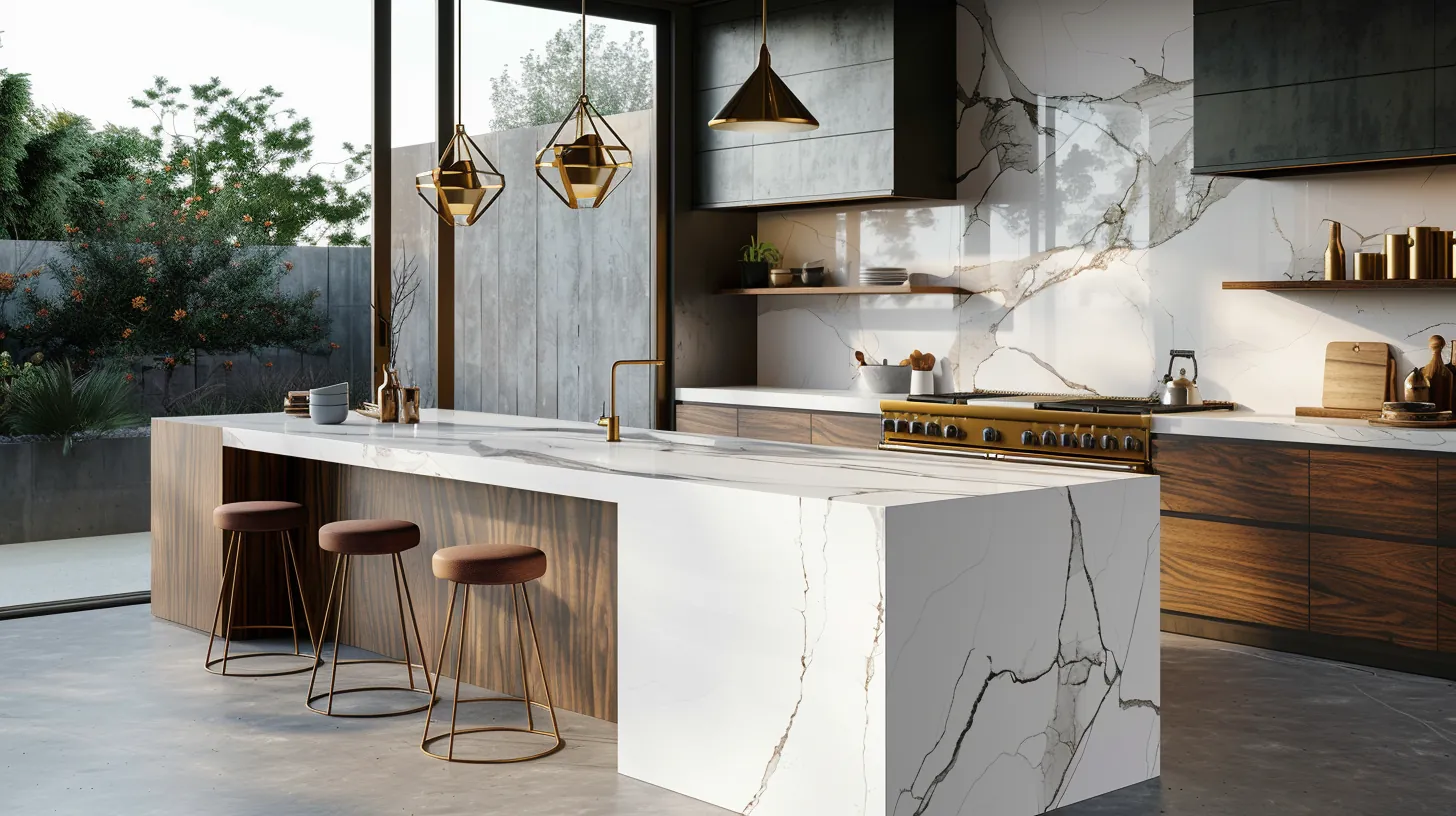 Luxury modern kitchen interior with marble countertops, brass fixtures, custom cabinetry, island, pendant lighting