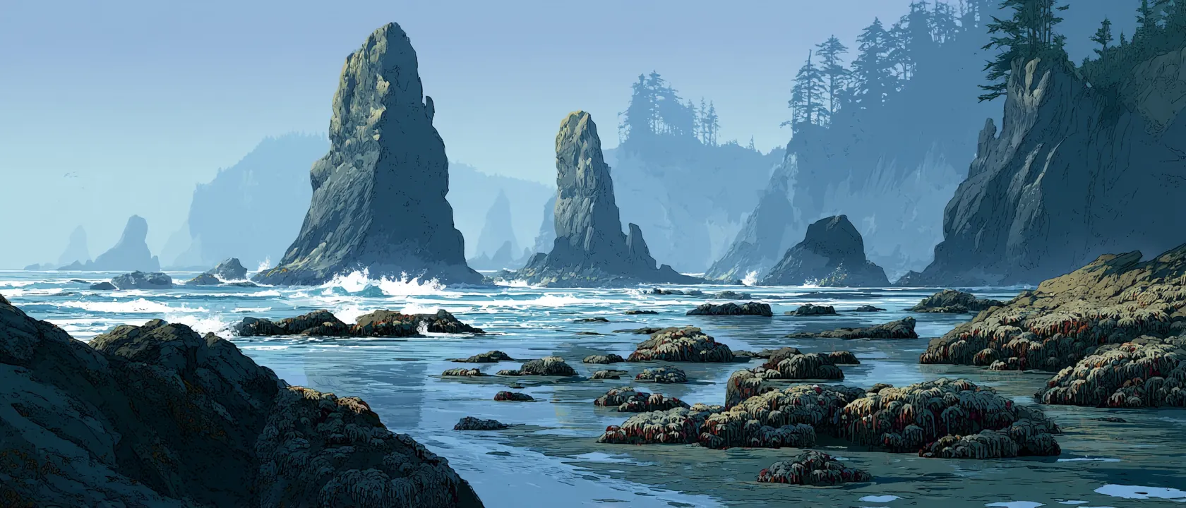 Three-layer coastal composition with rocky tide pools in foreground, sea stacks with white spray in midground, and layered headlands fading into misty distance