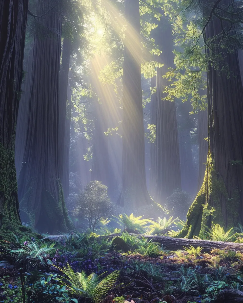 Ancient redwood forest with towering tree trunks