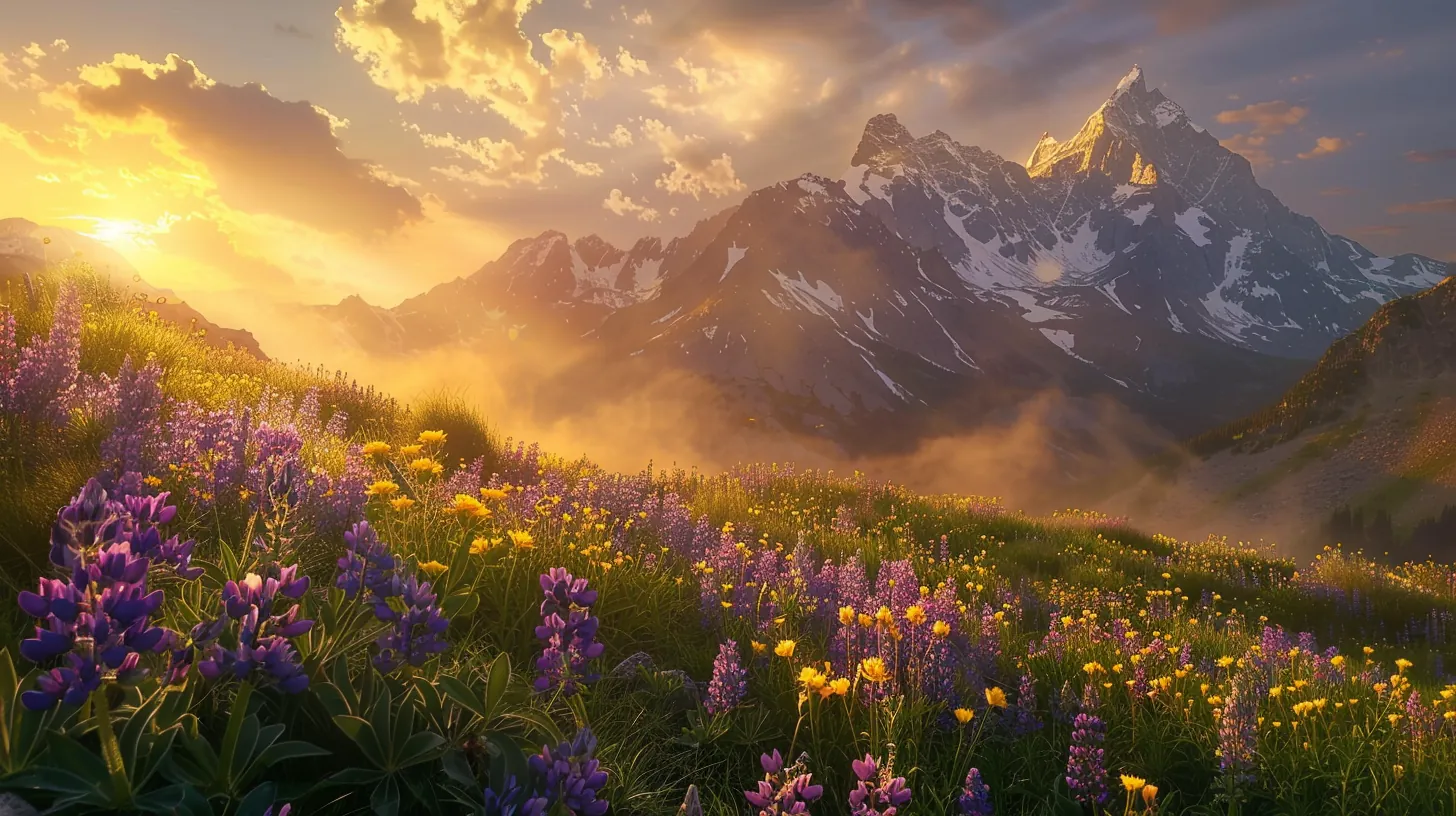 Epic alpine mountain landscape at golden hour with snow-capped jagged peaks  wildflower meadow in foreground and dramatic volumetric light rays piercing clouds